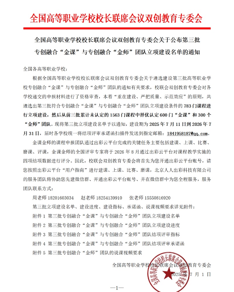 全國高等職業(yè)學校校長聯(lián)席會議關于公布第三批專創(chuàng)融合“金課”與專創(chuàng)融合“金師”團隊立項建設名單的通知1 - 副本_resized.jpg 全國高等職業(yè)學校校長聯(lián)席會議關于公布第三批專創(chuàng)融合“金課”與專創(chuàng)融合“金師”團隊立項建設名單的通知1 - 副本_resized.jpg